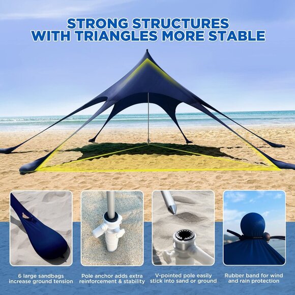 Beach Tent Canopy Sun Shade UPF50+, Easy Pop Up Anti-Wind Sun Shelter - Picture 2 of 8